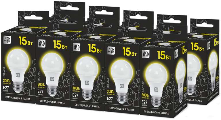 Упаковка светодиодных ламп 10 шт. ASD LED-A60-black 3000К, E27, A60, 15Вт