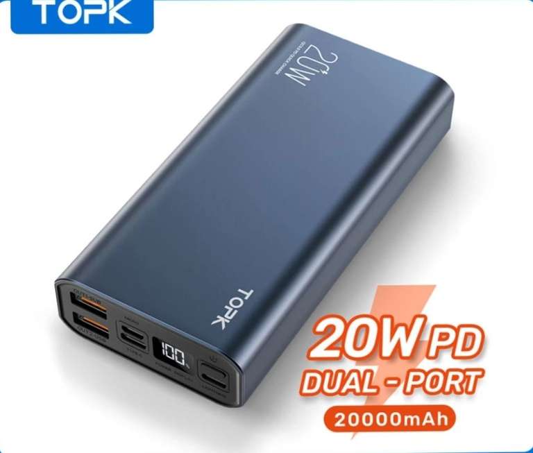 Внешний аккумулятор TOPK I2006P PD 20 Вт, портативное зарядное устройство 20000 мАч