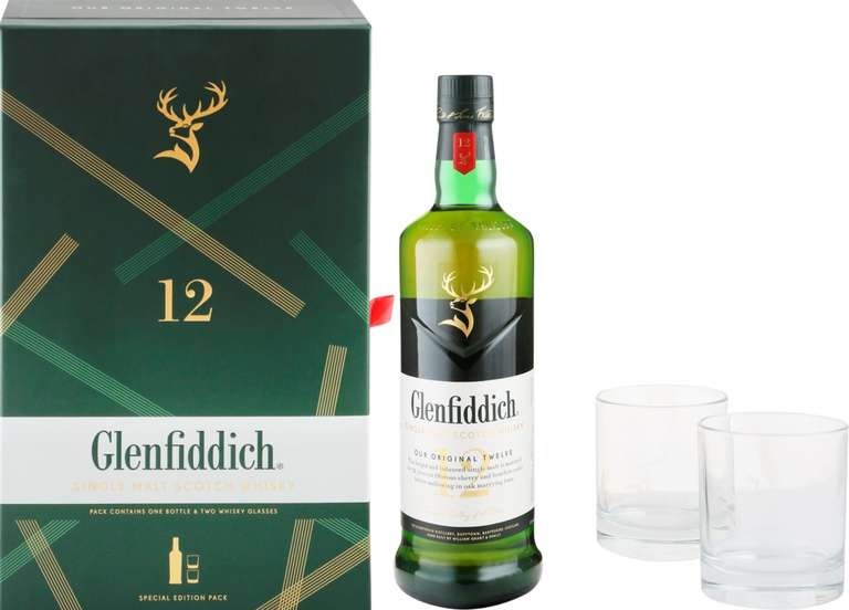 [Ярославль] Виски Glenfiddich Шотландский, односолодовый 12 лет 40%, п/у + 2 стакана, 0.7л, Великобритания, 0.7 L