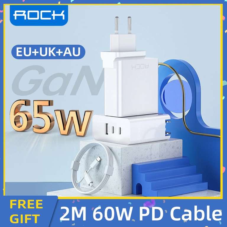 ROCK 65W GaN зарядка + 2 м кабель Type-C
