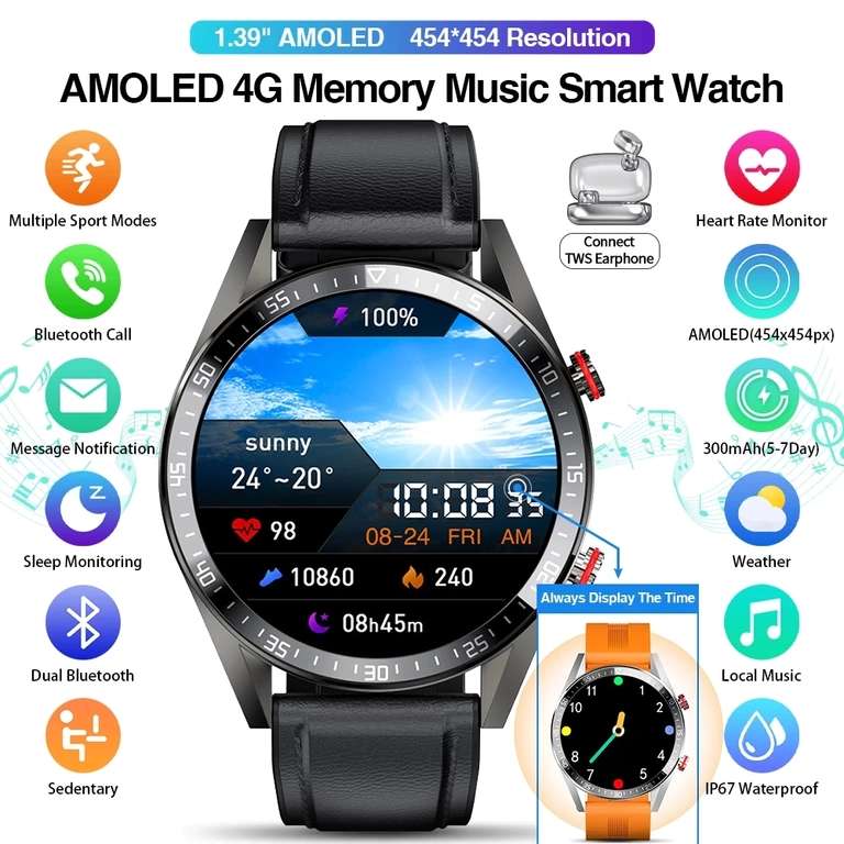 Часы с AMOLED дисплеем разрешением 454*454 с функцией звонков (4 гб памяти для музыки)