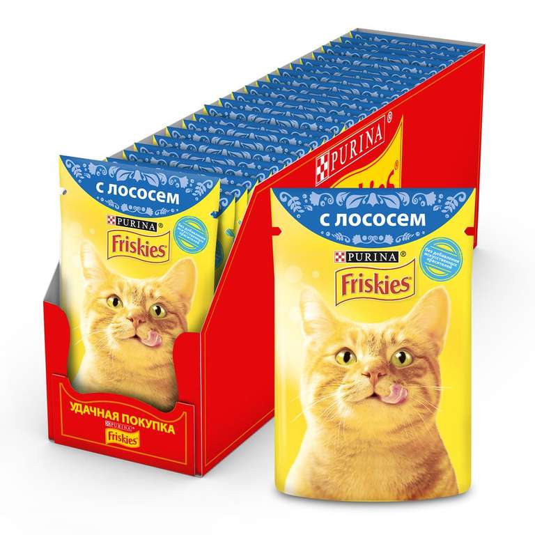 Влажный корм Friskies для взрослых кошек, с лососем в подливе, 85 г, 24 шт. (другие варианты в описании)