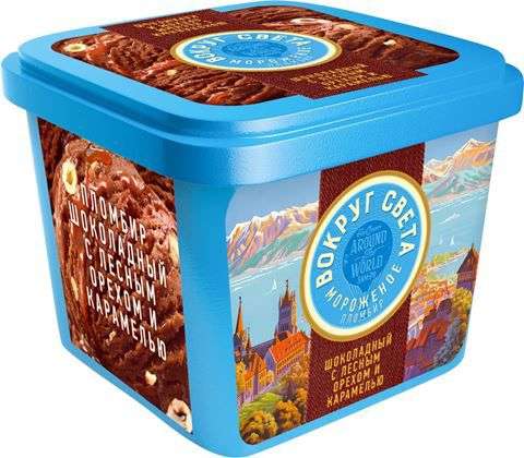 Мороженое САМ-ПО Вокруг света пломбир шоколадный с лесным орехом и карамелью, 450 г