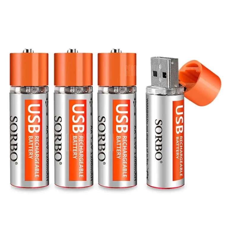 4 аккумуляторные батареи Sorbo АА заряжаемые от USB за $12.9