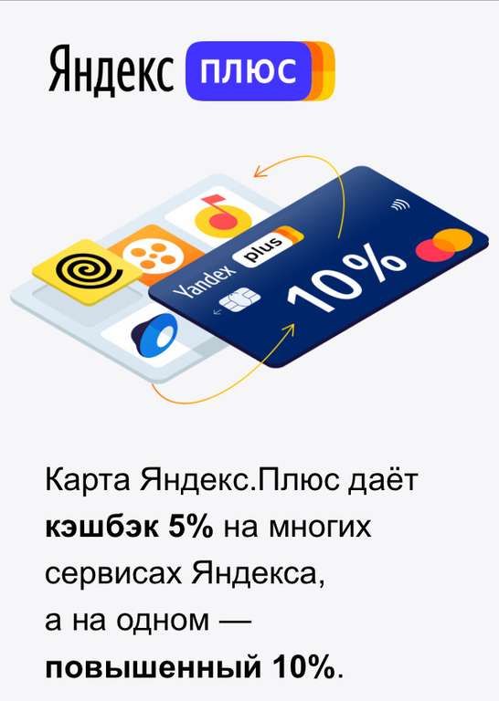 Кэшбек 10% в Яндекс.Еда при оформлении и оплате картой Яндекс.Плюс