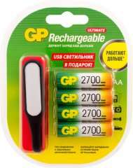 Аккумуляторные батареи GP АА + USB фонарь, 4 шт (GP270AAHC/USBLED-2CR4)