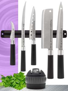 Набор 5 ножей с двухзонной ножеточкой и магнитным держателем "Азия" AxWild