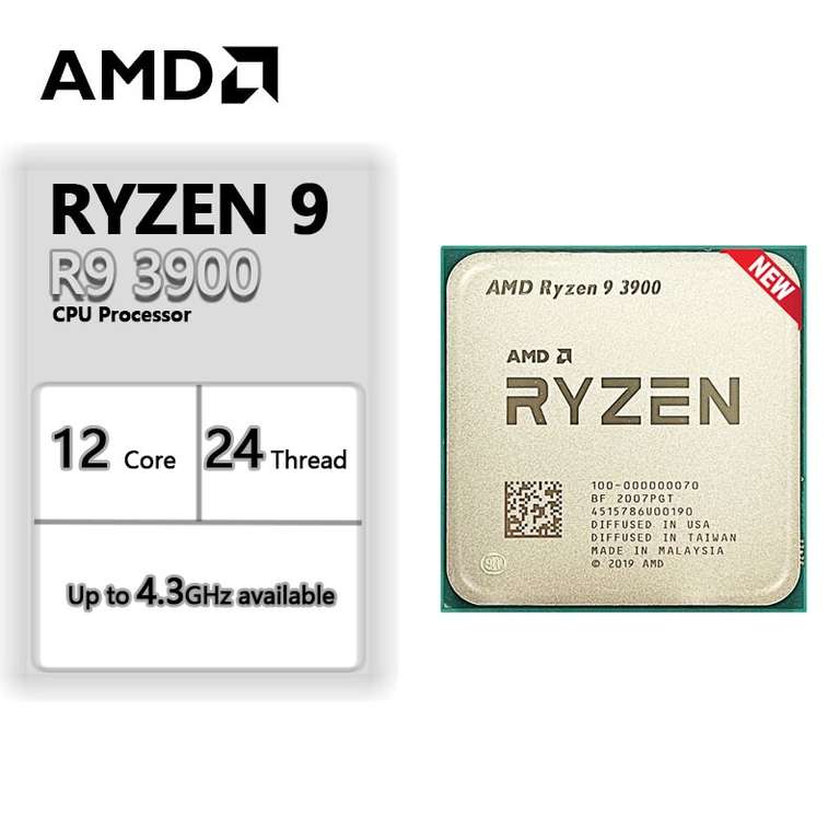 Процессор AMD Ryzen 9 3900, 3,1-4,3 ГГц, 12я/24п, L3 64МБ, PCIE 4.0x16, 65Вт (доставка из-за рубежа)