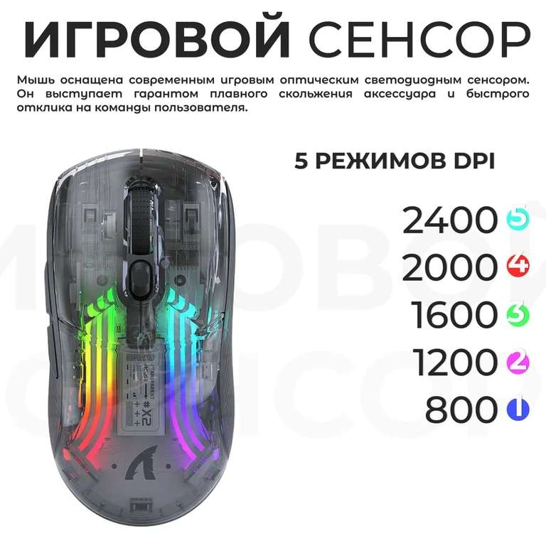 Мышь беспроводная Attack Shark X2 (BT/2.4G, 2400 DPI, RGB, Type-C)