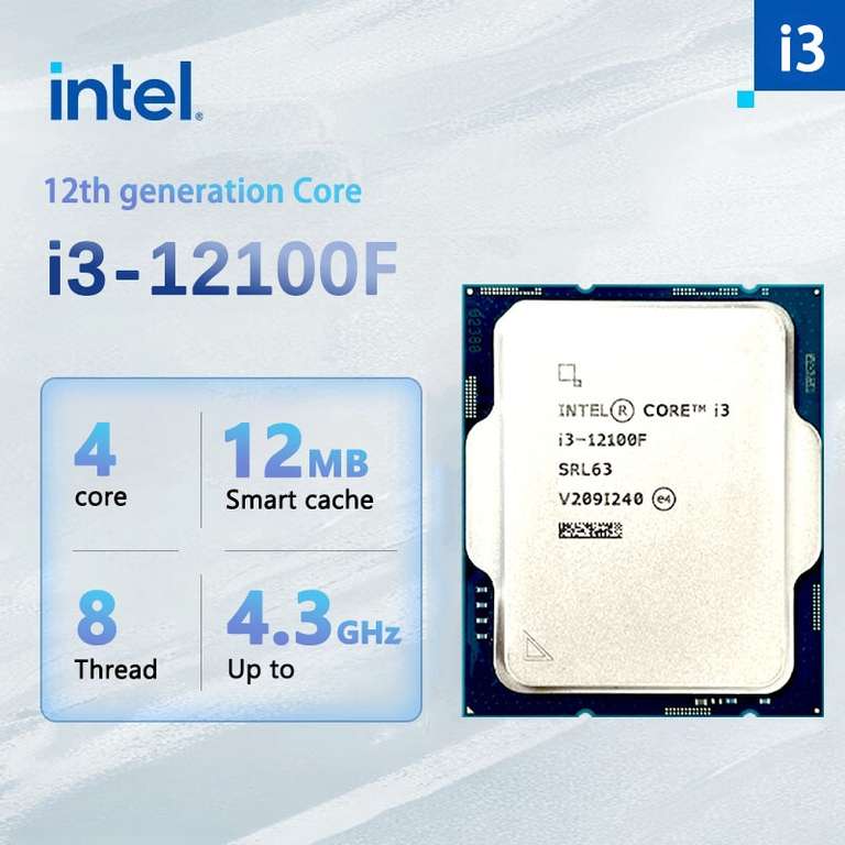 Процессор Intel Core i3-12100f (12 МБ кэш-памяти, до 4,30 ГГц, LGA1700)