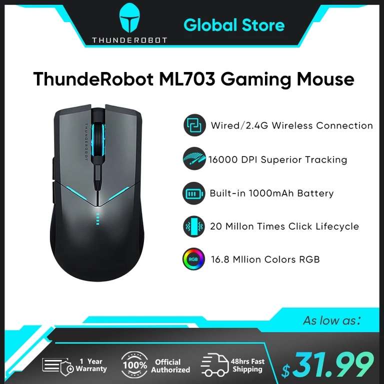 Мышь игровая беспроводная Thunderobot ML703 (16000 DPI, подсветка RGB, LED-индикация)