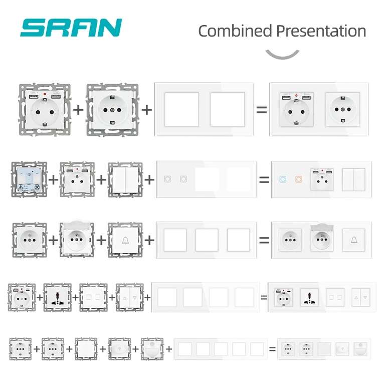 Розетки, переключатели и панели из закаленного стекла SRAN F6 (напр., механизм розетки за 163₽)