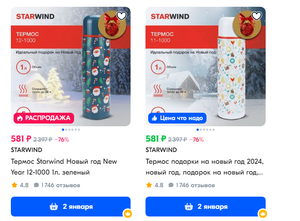 Термос Starwind Новый год New Year, зеленый и белый (с Озон картой)