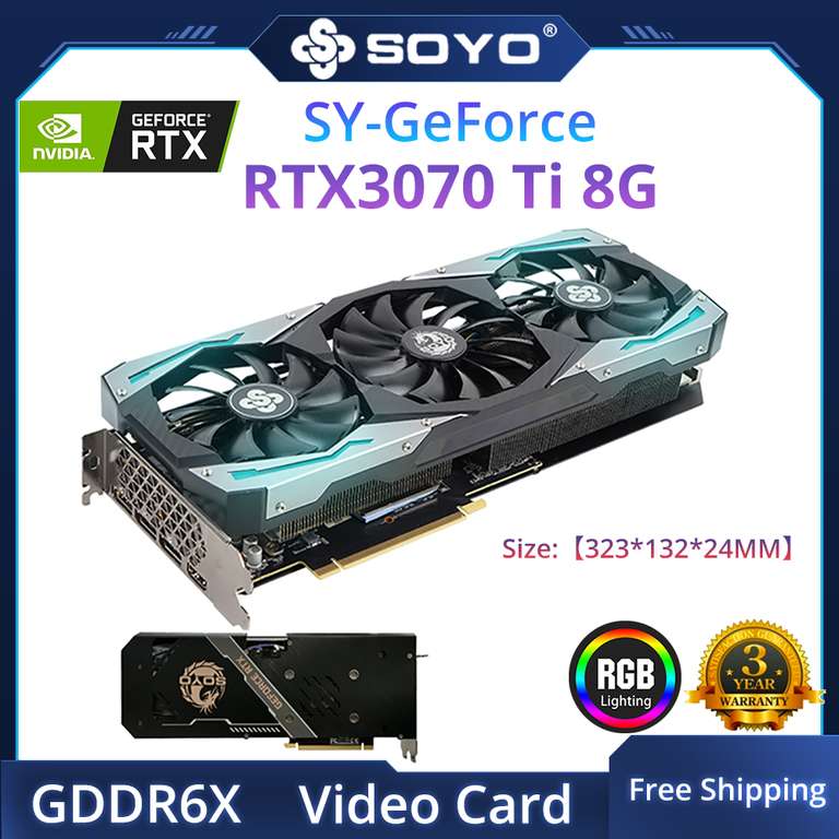 Видеокарта SOYO GeForce RTX3070 Ti, 8 ГБ, GDDR6X, PCI Express X16 4,0