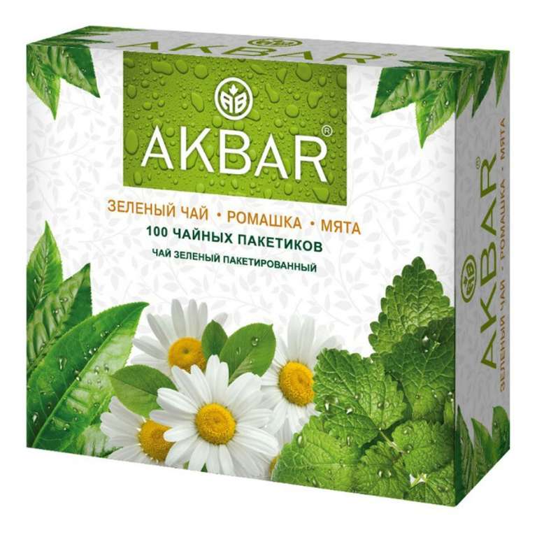 Чай Акбар зелёный байховый с ромашкой и мятой 100 пакетиков