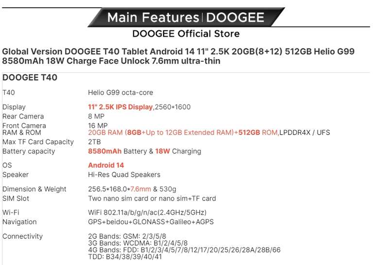 Планшет DOOGEE T40 (11”, Helio G99, 8+512ГБ)