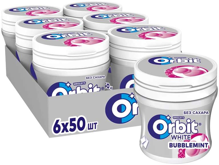 Жевательная резинка Orbit White Bubblemint без сахара, по 68 г, 6 шт.