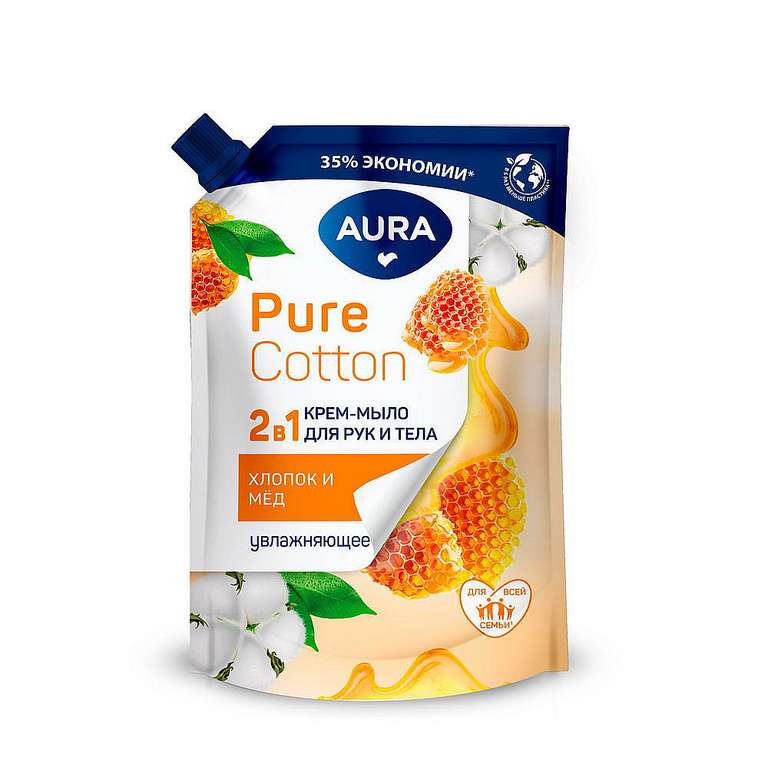 Крем-мыло AURA Pure Cotton Хлопок и мёд, 2в1 для рук и тела 450мл