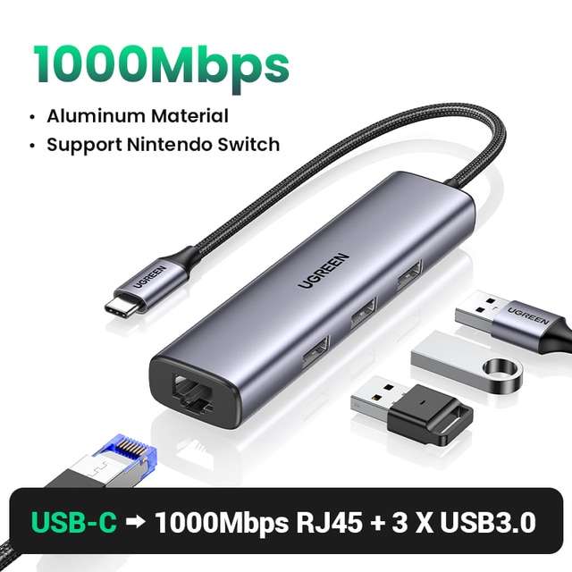 Ethernet-адаптер Ugreen с USB-HUB, 1000 Мбит/с, алюминий (USB 3.0 или Type-C)