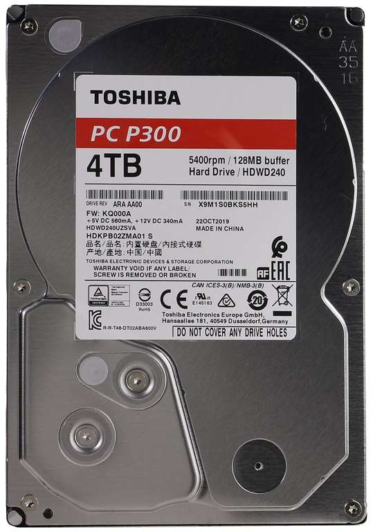 Жесткий диск 3.5" Toshiba P300 HDWD240UZSVA 4ТБ (SATA III, 6 Гбит/с, 5400 об/мин, кэш память - 128 МБ)