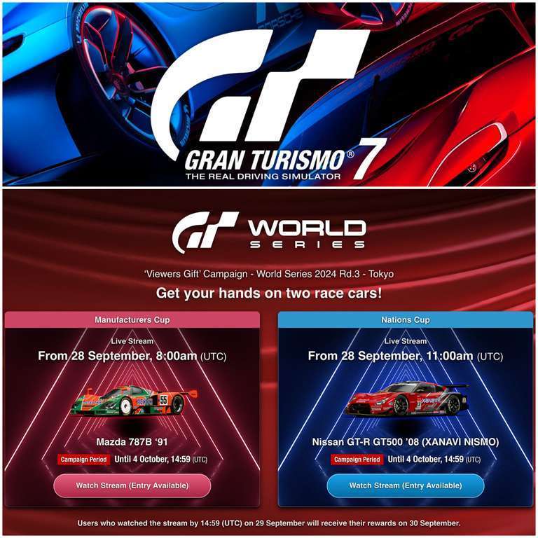 [PS4] Gran Turismo 7: получите 2 автомобиля по внутриигровой акции «Зрительский подарок»: Mazda 787B '91 + Nissan GT-R GT500 '08