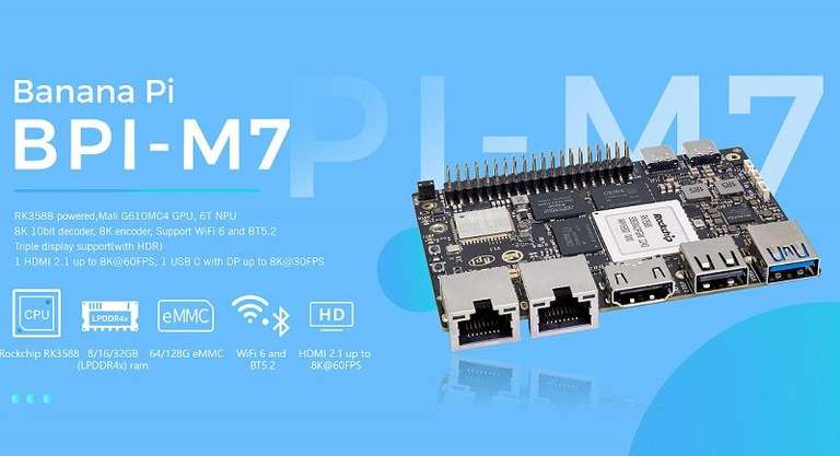 Одноплатный компьютер Banana Pi BPI-M7 (RK3588, 8 Гб ОЗУ, 64 Гб ПЗУ, ×2 2.5 Гбит/с Ethernet, Wi-Fi6, Bluetooth 5, HDMI, USB-A, USB-C, GPIO)