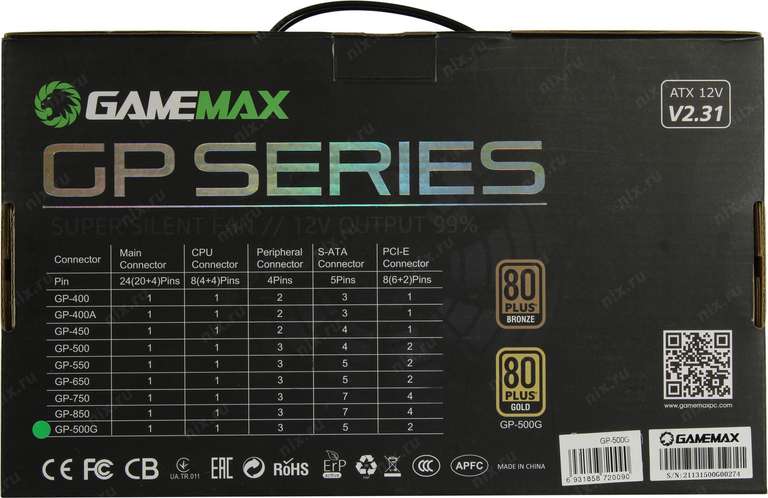 Блок питания GameMax GP-500G 500Вт, 80+Gold, ATX