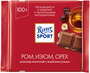 Шоколад Ritter Sport Ром, изюм, орех молочный, 100 г (6 шт. по цене 5)