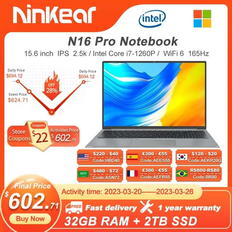 Ноутбук Ninkear N16 Pro, 16", ips, 2560*1600, 165гц, i7-1260p, 16гб (расширяемая)/ 512 ссд, win 11