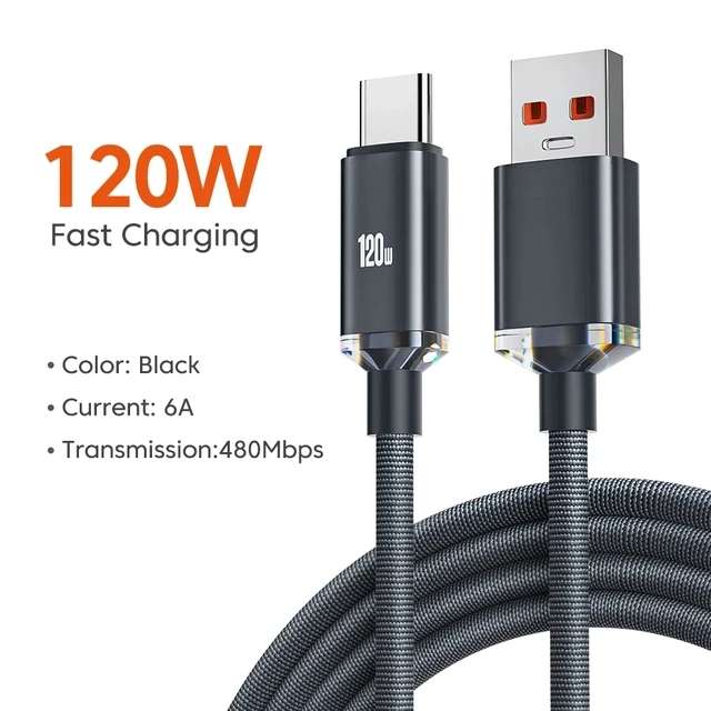 USB-кабель Type-C для быстрой зарядки 6А, 1м, 120Вт