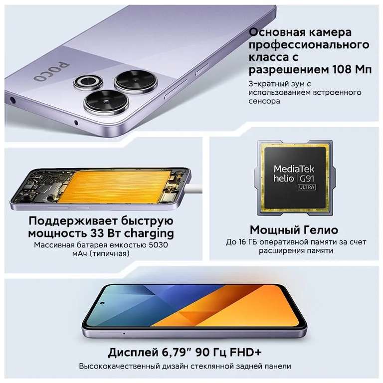 Смартфон POCO M6, 8/256GB (глобальная версия, из-за рубежа)