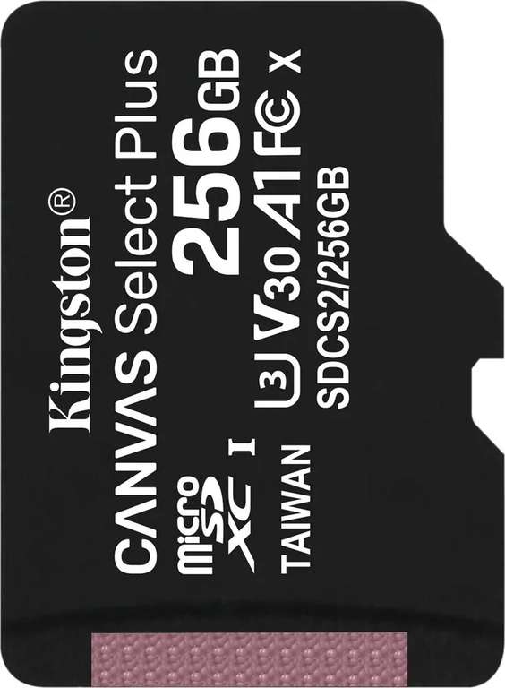 Карта памяти Kingston Canvas Select Plus microSDXC 256 ГБ, SDCS2/256GBSP (UHS-I, U1, class 10, скорость чтения: 100 МБ/с, записи: 85 МБ/с)