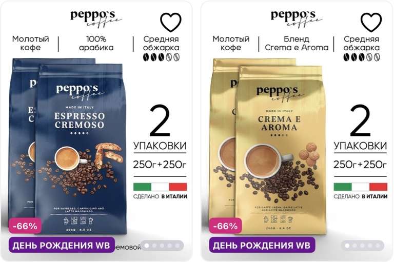 Кофе молотый Peppo's Coffee ESPRESSO CREMOSO 500г и др