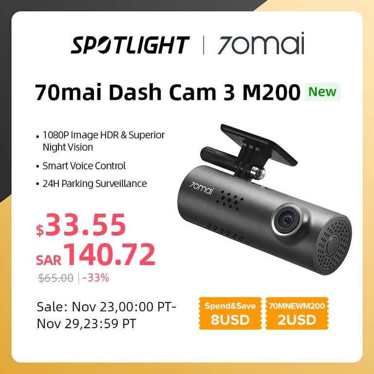70mai Dash Cam 3 M200 APP Voice Control 1080P HDR Night Vision 24H Parking