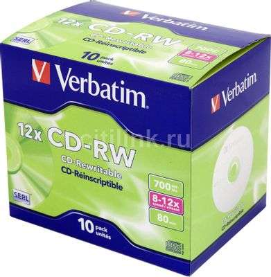 Оптический диск CD-RW Verbatim 700МБ 12x, 10шт., jewel case 43148 (скидка с промокодом в корзине)