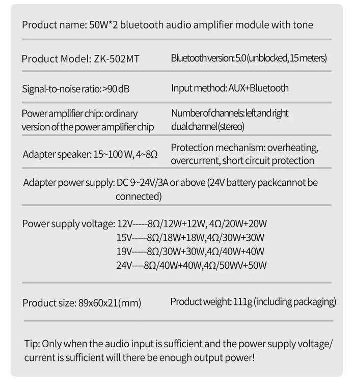 Усилитель звука ZK-502MT (Bluetooth + AUX)
