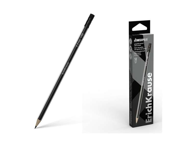 Чернографитный карандаш ErichKrause MEGAPOLIS, трехгранный, с ластиком, 12шт