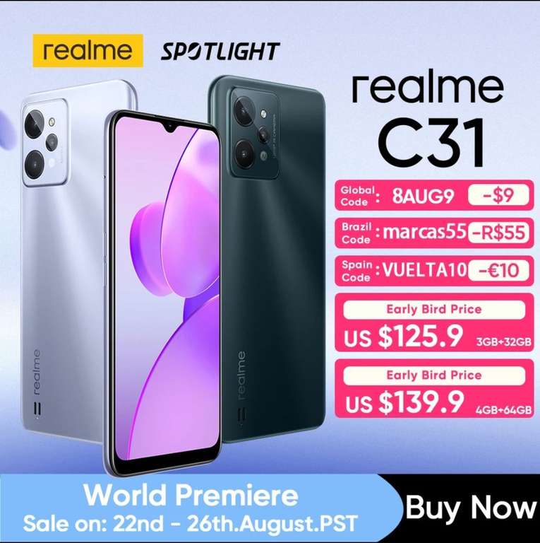 Смартфон Realme C31 6,5" Unisoc T612, 4/64Гб
