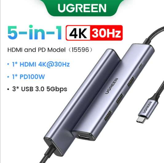 USB-концентратор UGREEN, 10 Гбит/с, 4K 30 Гц, Type C на HDMI 2.0 RJ45 PD 100 Вт