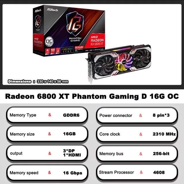 Видеокарта ASROCK AMD Radeon RX 6800 XT Phantom Gaming D 16G OC