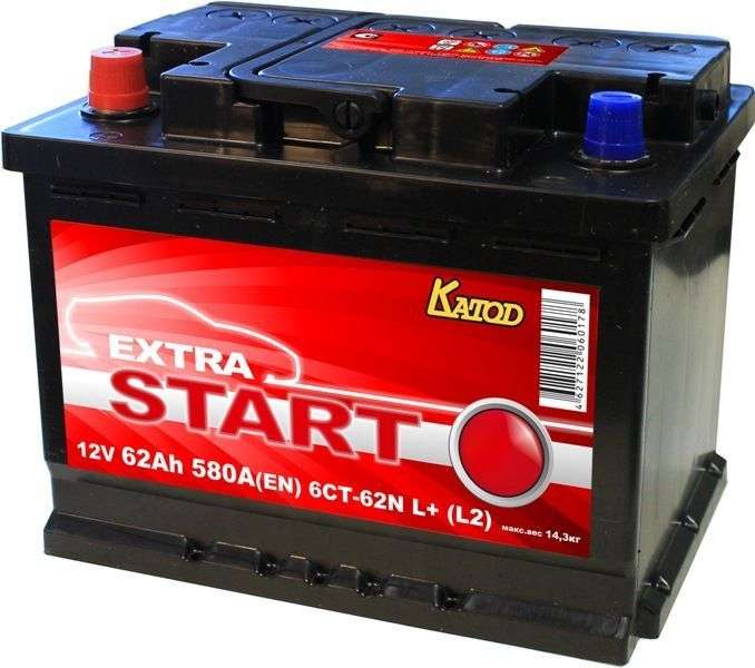 Аккумулятор автомобильный КАТОД EXTRA START Extra Start 62Ач 580A 6ст-62n l+ (l2) (2490 с индивидуальным кодом)