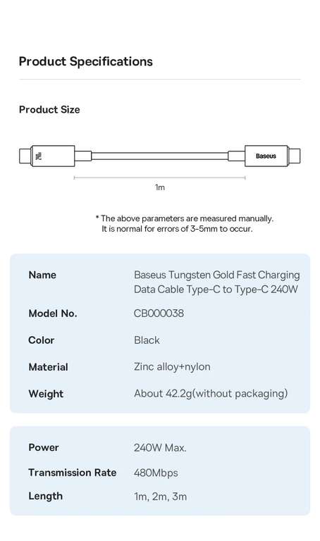 Зарядный кабель Baseus Tungsten Gold Fast Charging Data Cable, USB Type C, 1 м, 240 Вт, быстрая зарядка