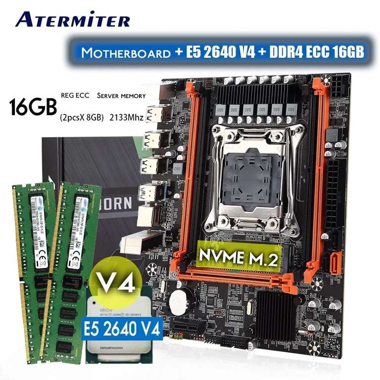 Материнская плата Atermiter Intel X99 LGA 2011-3 + XEON 2640 v4 2,4 ГГц + 16 Гб DDR4 2133МГц REG ECC NVME M.2 (с Озон картой, из-за рубежа)