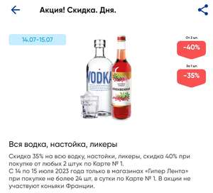 Вся водка, настойка, ликеры со скидкой 35% и 40% с 14 по 15 июля