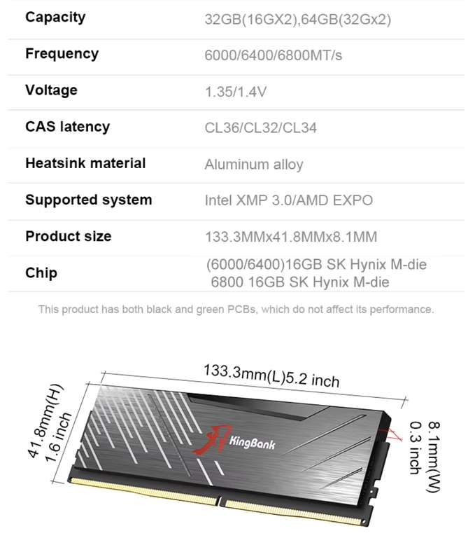 Оперативная память Kingbank DDR5 32гб (16х2) ОЗУ 6400 МГц (чипы M-die)