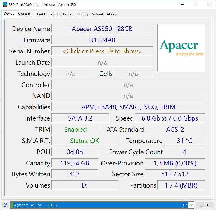 SSD диск Apacer AS350 Panther / 128 Гб / 2.5" / Sata III (AP128GAS350-1)