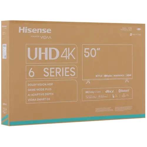 50" (127 см) LED-телевизор Hisense 50A6K, Direct LED, 4K UltraHD, Wi-Fi, 60 Гц, VIDAA, HDMIх3, USBх2