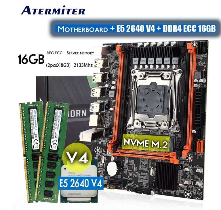 Материнская плата Atermiter Intel X99 LGA 2011-3 + XEON 2640 v4 2,4 ГГц + 16 Гб DDR4 2133МГц REG ECC NVME M.2 (5576₽ с Озон картой)