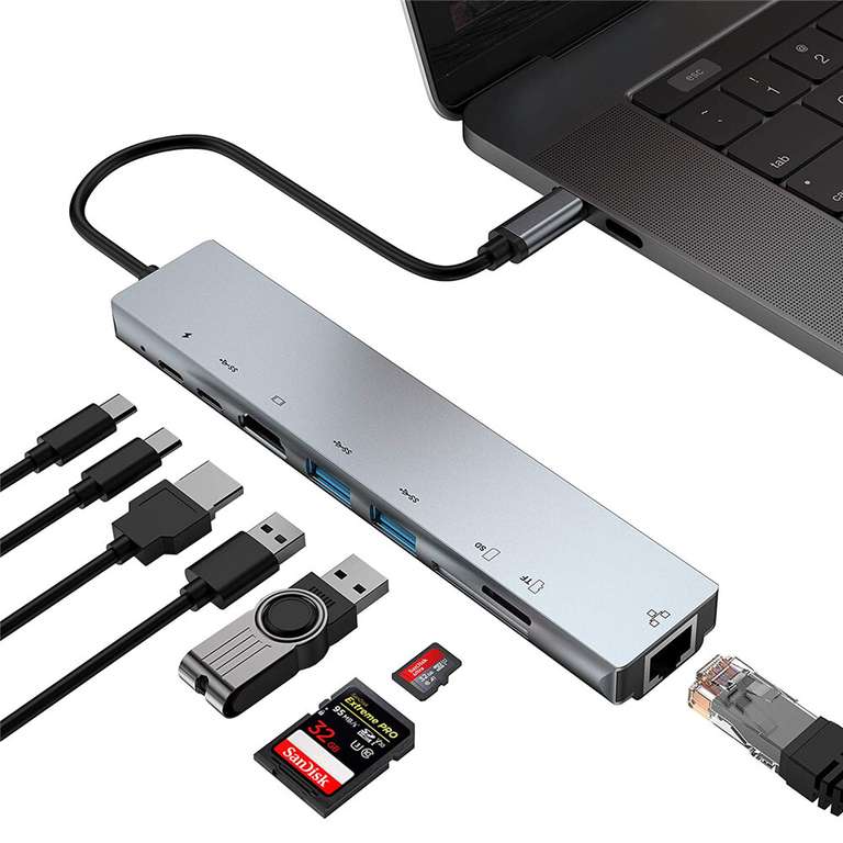 Хаб USB Type-C Bakeey PB-C7366 8 в 1 (HDMI,RJ45,USB)