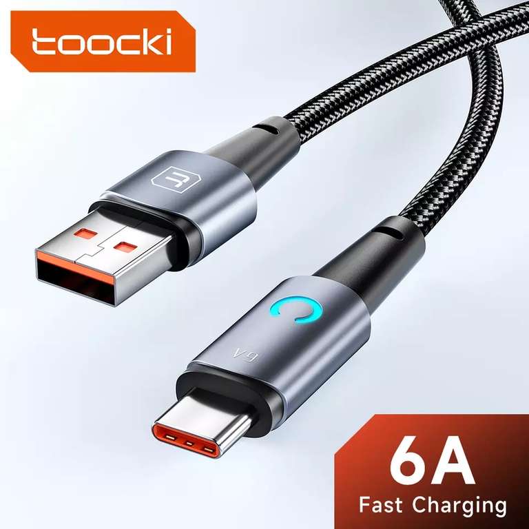 Кабель Toocki в оплëтке для быстрой зарядки с индикатором, 66W, 6А, USB Type-C, 0,25м.